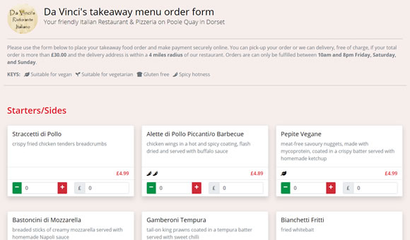 Da Vinci's takeaway menu order form | Your friendly Italian Restaurant & Pizzeria on Poole Quay in Dorse